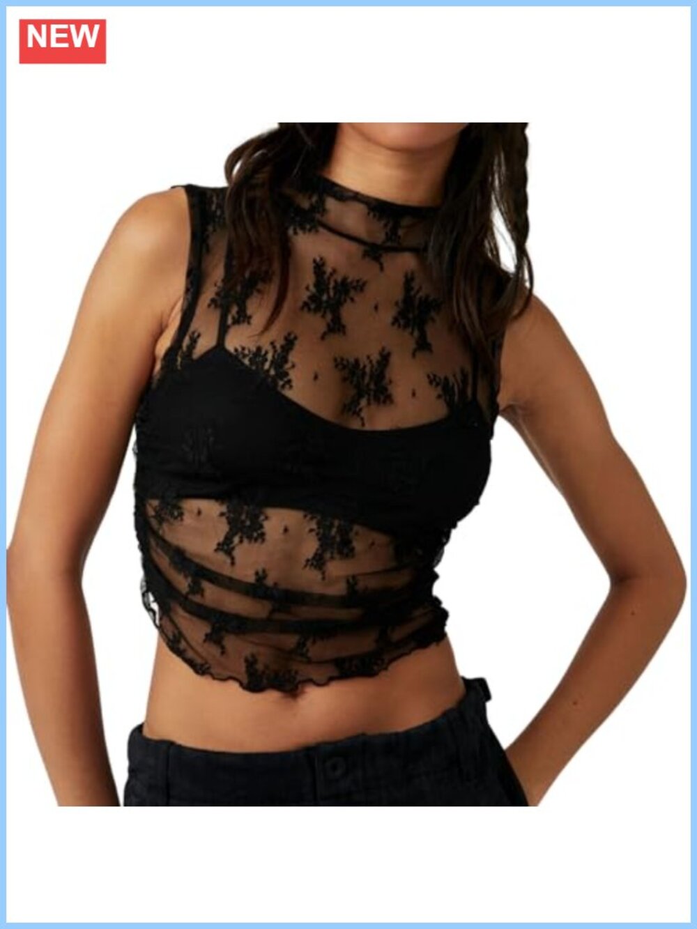 Sheer Lace Mesh Crop Tank Mock Neck Ruched Side Sleeveless Tank Top